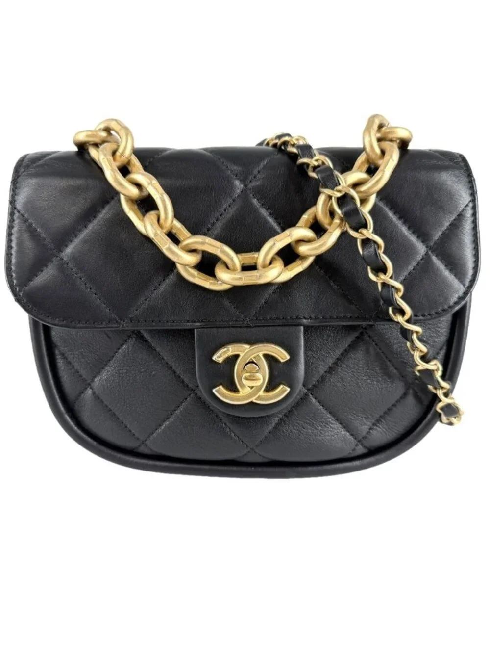 Chanel 2-Way Quilted Handbag Chain Shoulder Bag Crossbody CC Logo Lambskin Black